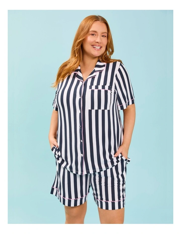 Modal Stripe Button Pyjama Top in Navy/White image 3