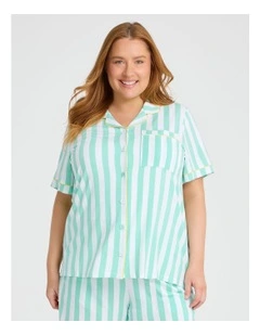 Modal Stripe Button Pyjama Top Dusty in Aqua/white