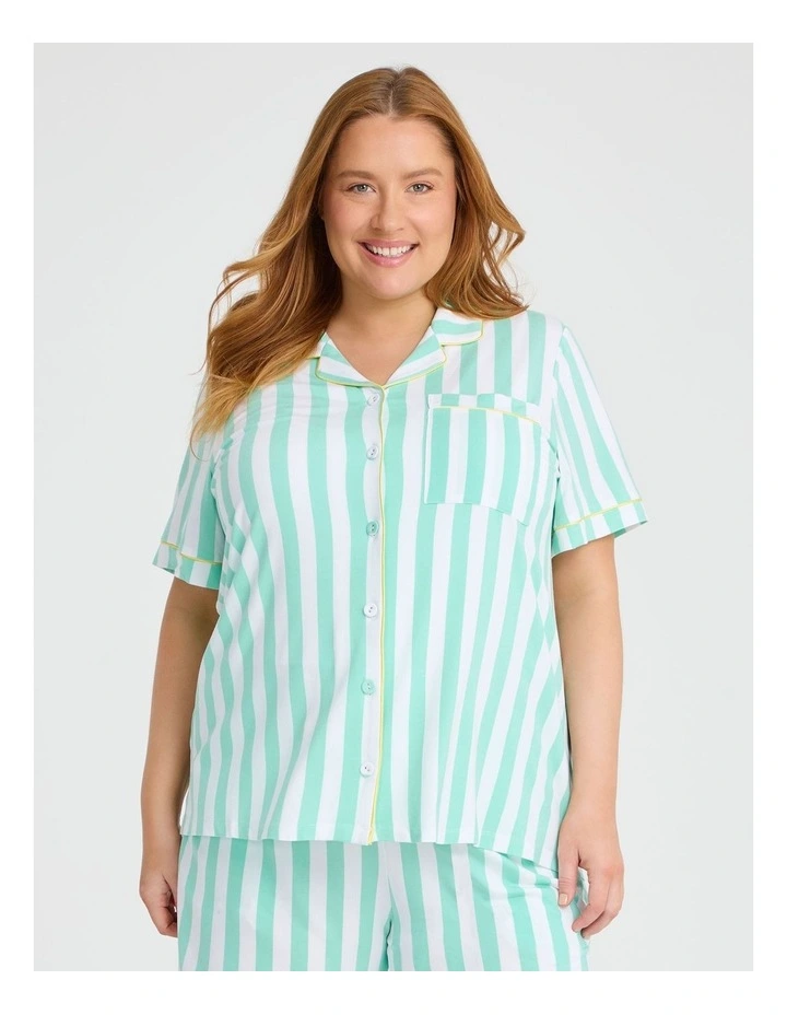 Modal Stripe Button Pyjama Top Dusty in Aqua/white image 1