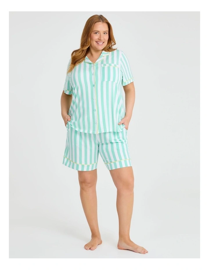 Modal Stripe Button Pyjama Top Dusty in Aqua/white image 3