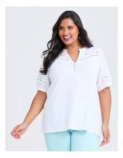 Cotton Broderie Puff Sleeve Top in White