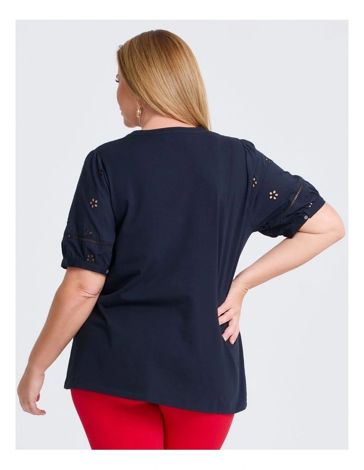Cotton Broderie Puff Sleeve Top in Navy image 2