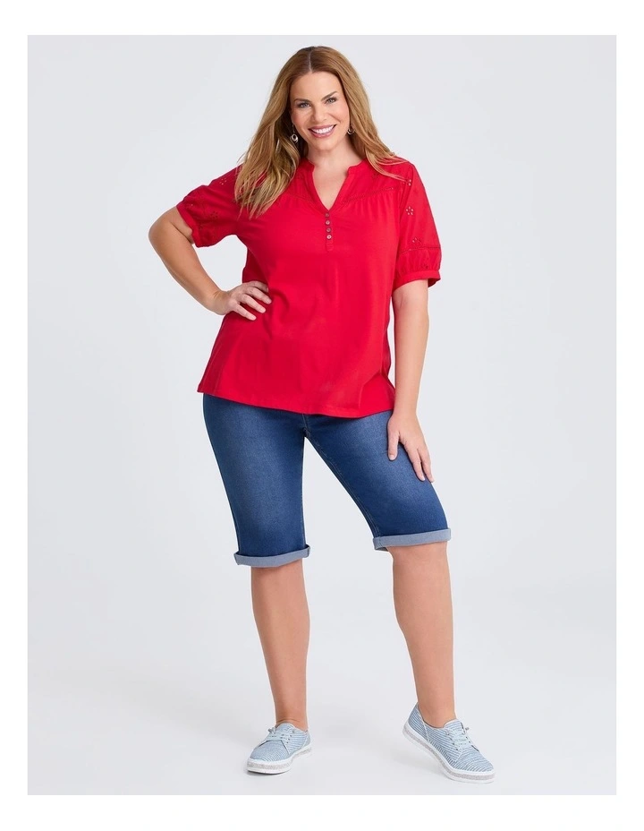Cotton Broderie Puff Sleeve Top in Samba Red image 3