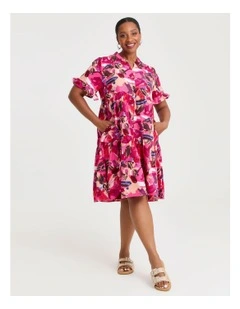 Abstract Tier Shirt Dress in Magenta