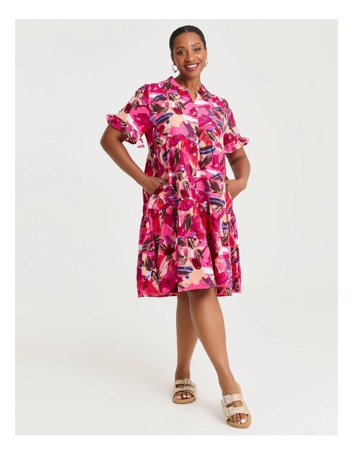 Abstract Tier Shirt Dress in Magenta image 1