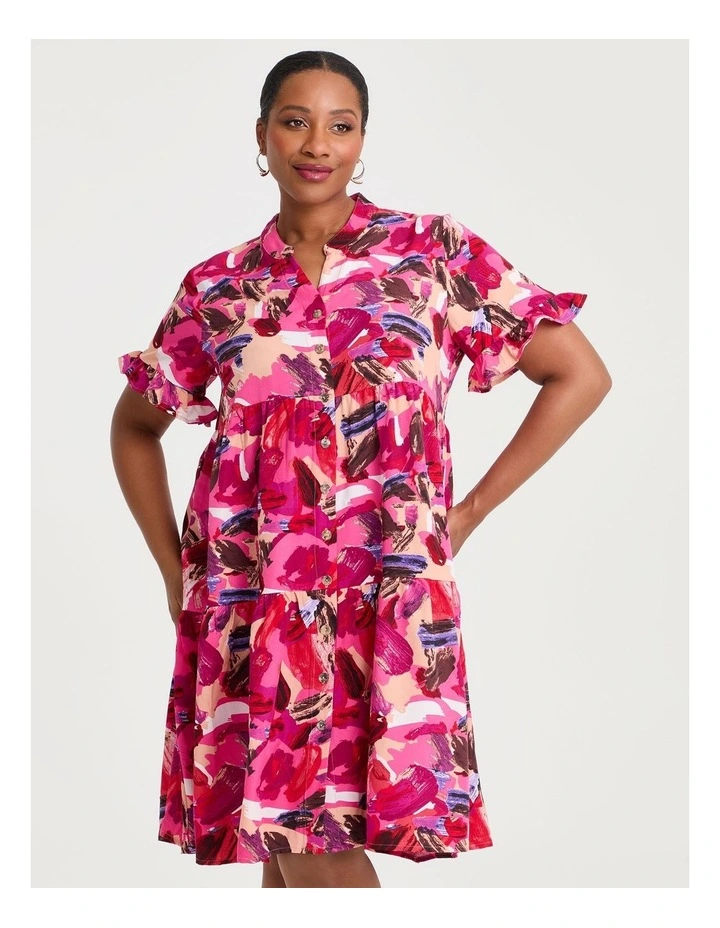 Abstract Tier Shirt Dress in Magenta image 3