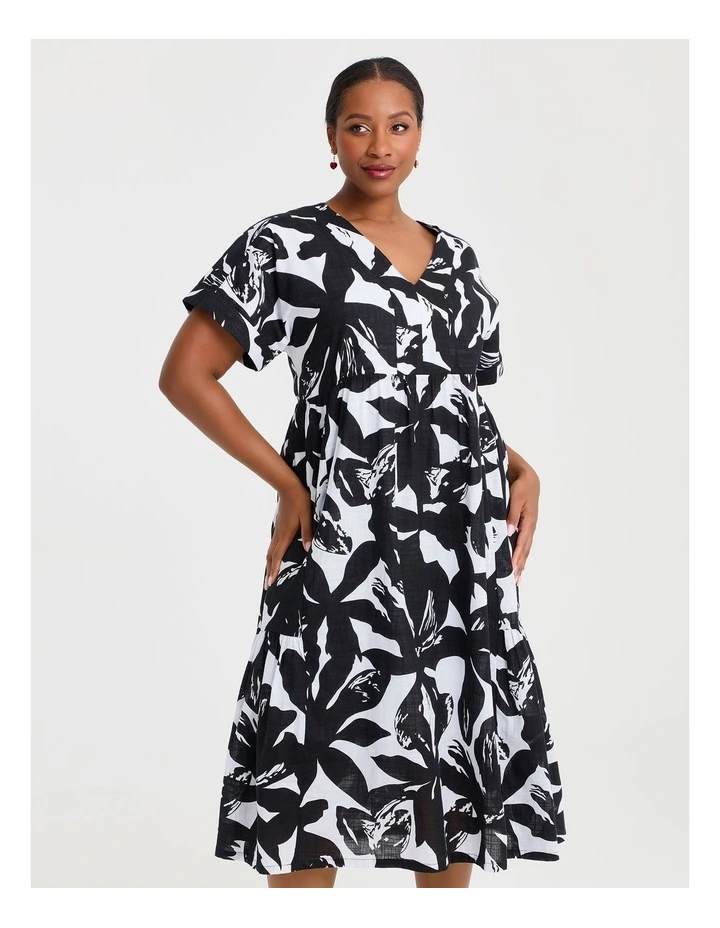 Cotton Floral V-Neck Dress in Multi image 3