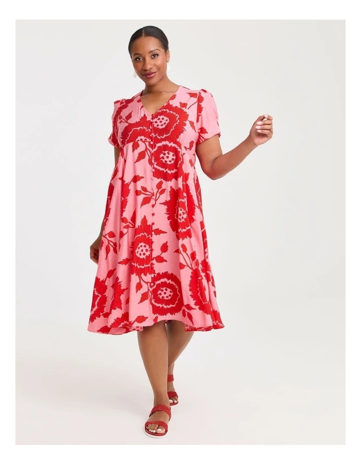 Natural Button Thru Flora Dress Flame in Multi image 1