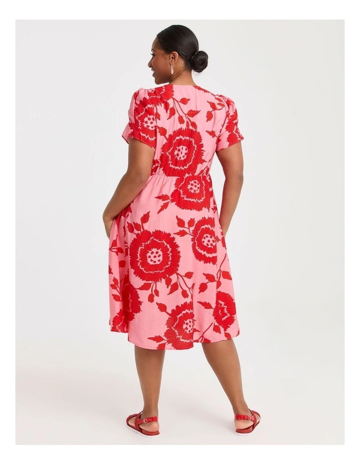 Natural Button Thru Flora Dress Flame in Multi image 2