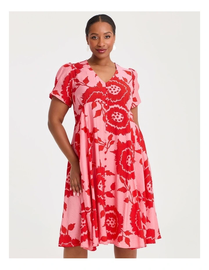 Natural Button Thru Flora Dress Flame in Multi image 3