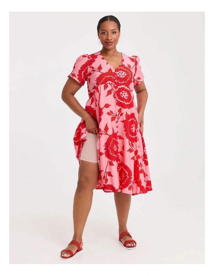 Natural Button Thru Flora Dress Flame in Multi image 4