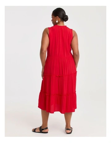 Natural Frill Tiered Dress in Flame Red