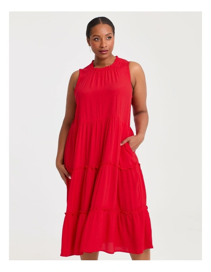 Natural Frill Tiered Dress in Flame Red image 2