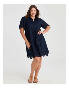 Linen Blend Broderie Dress in Navy