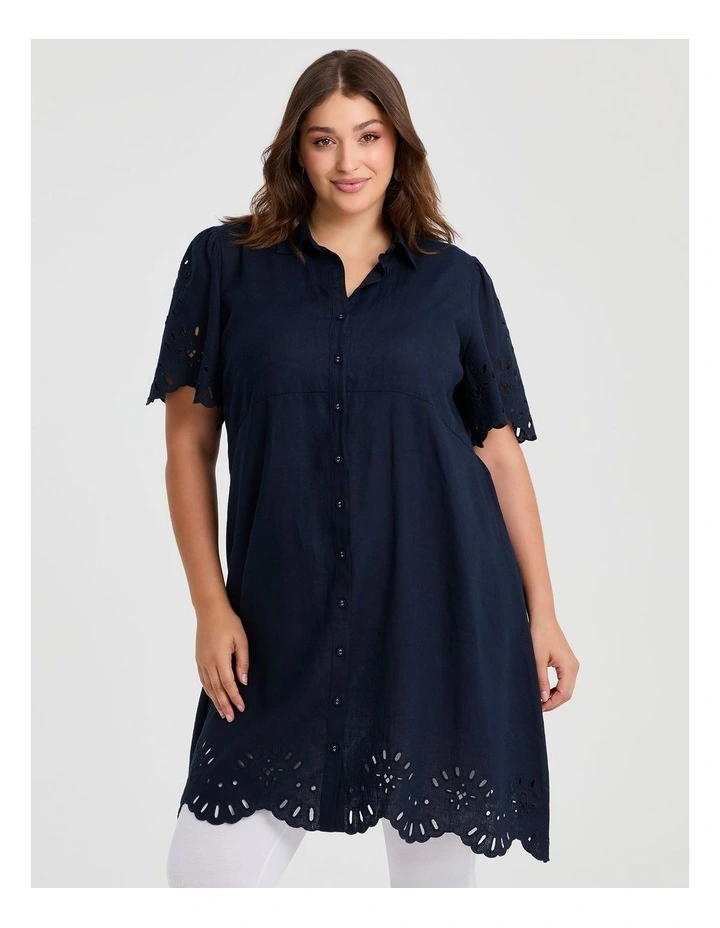 Linen Blend Broderie Dress in Navy image 3