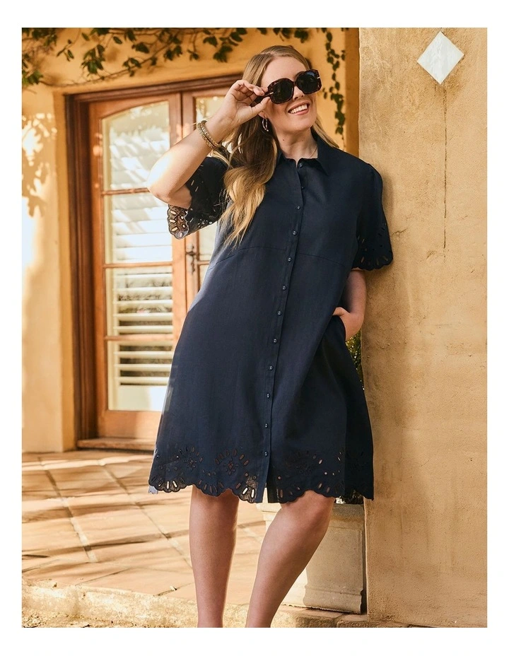 Linen Blend Broderie Dress in Navy image 5