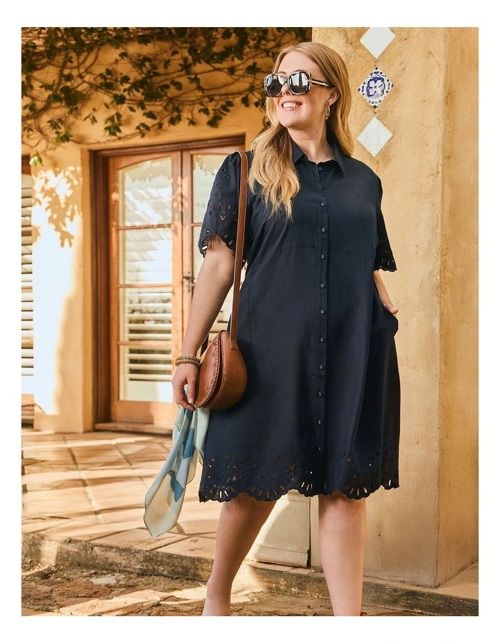 Linen Blend Broderie Dress in Navy image 6