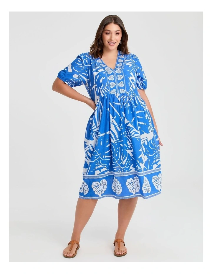 Cotton Palm Border Print Dress in Ibiza Blue/White image 1