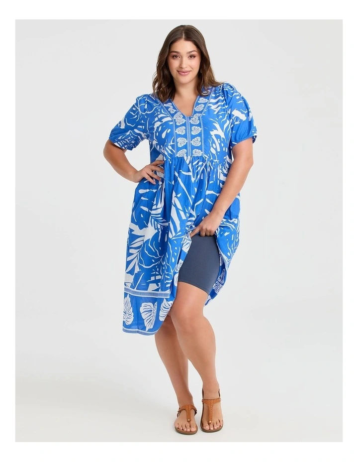Cotton Palm Border Print Dress in Ibiza Blue/White image 2