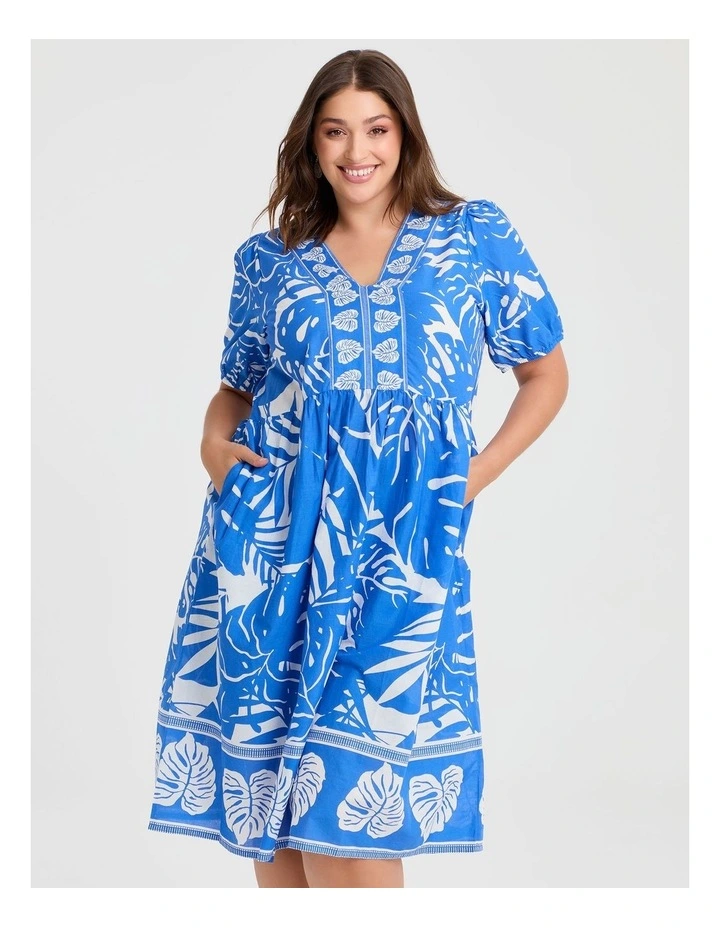 Cotton Palm Border Print Dress in Ibiza Blue/White image 3