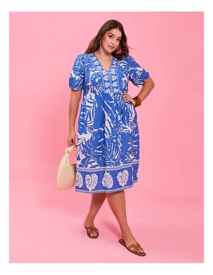 Cotton Palm Border Print Dress in Ibiza Blue/White image 4