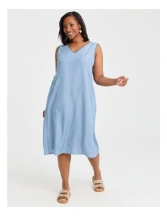Lyocell V-neck Chambray Dress Chambray Blue