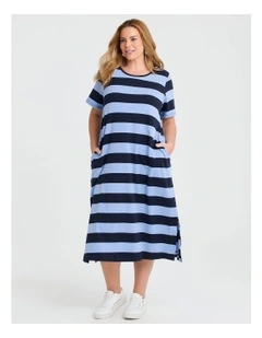 Cotton Stripe Midi Dress in Blue