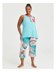 Bamboo Button Pyjama Tank Capri Blue