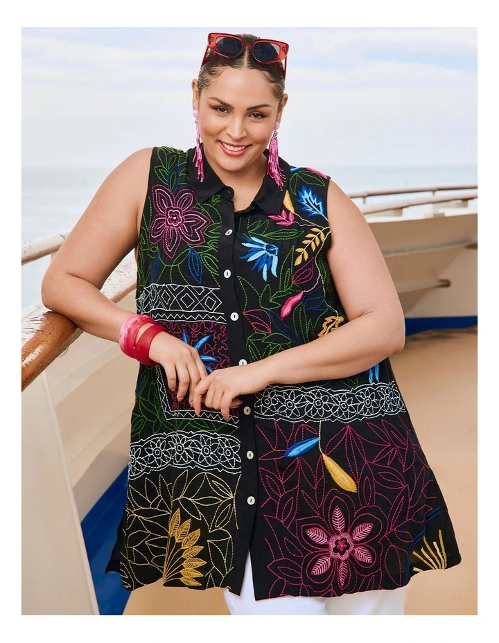 Embroidered Long Natural Shirt Black/multi image 4