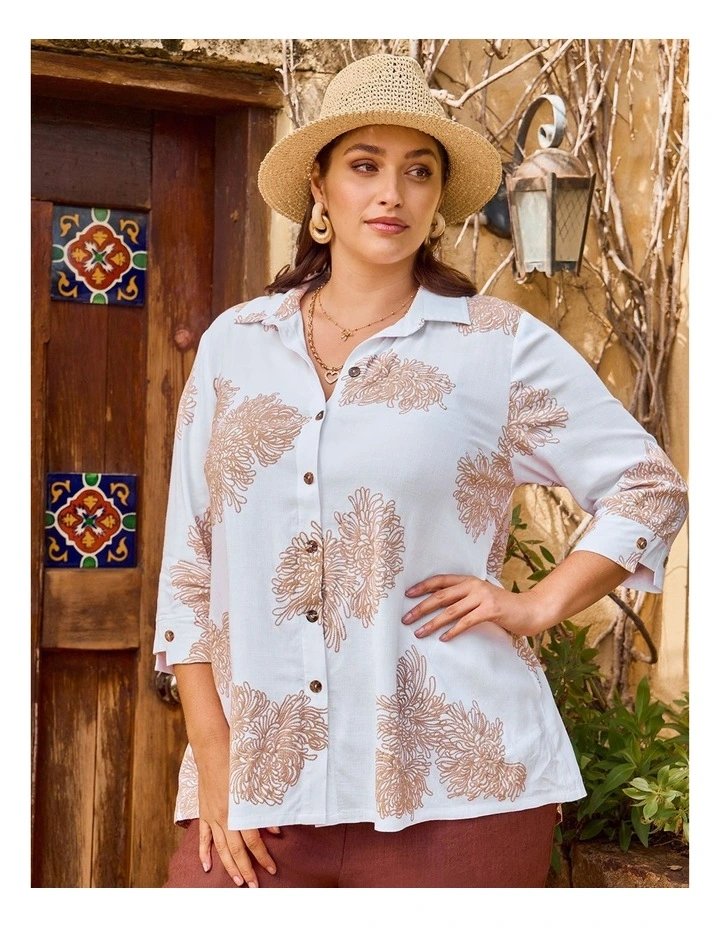 Embroidery Puff Print Shirt in White/Beige image 4