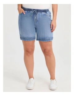 Cotton Curved Hem Denim Shorts in Light Blue Denim
