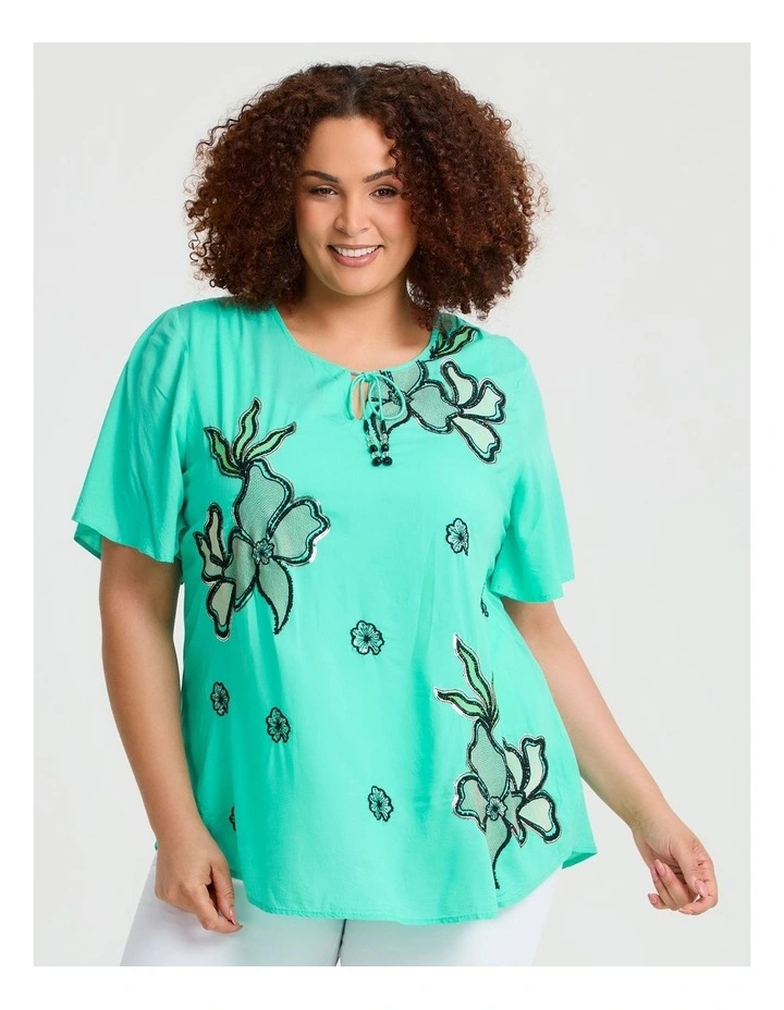 Sequin Embroidered Natural Top Mint image 1