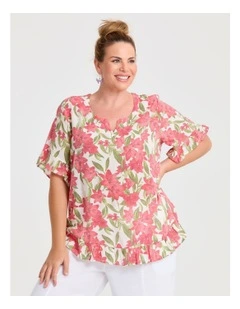 Salsa Ruffle Natural Top Red Floral Print