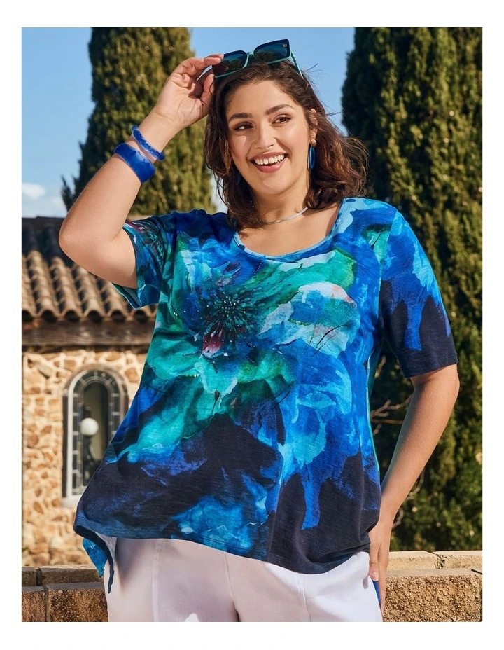 Blue Lagoon Cotton Modal Slub Top Turquoise Print image 5