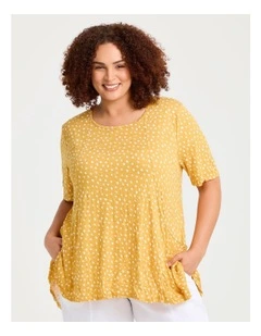 Foil Bamboo Peplum Crush Top in Sunlit Glow Print