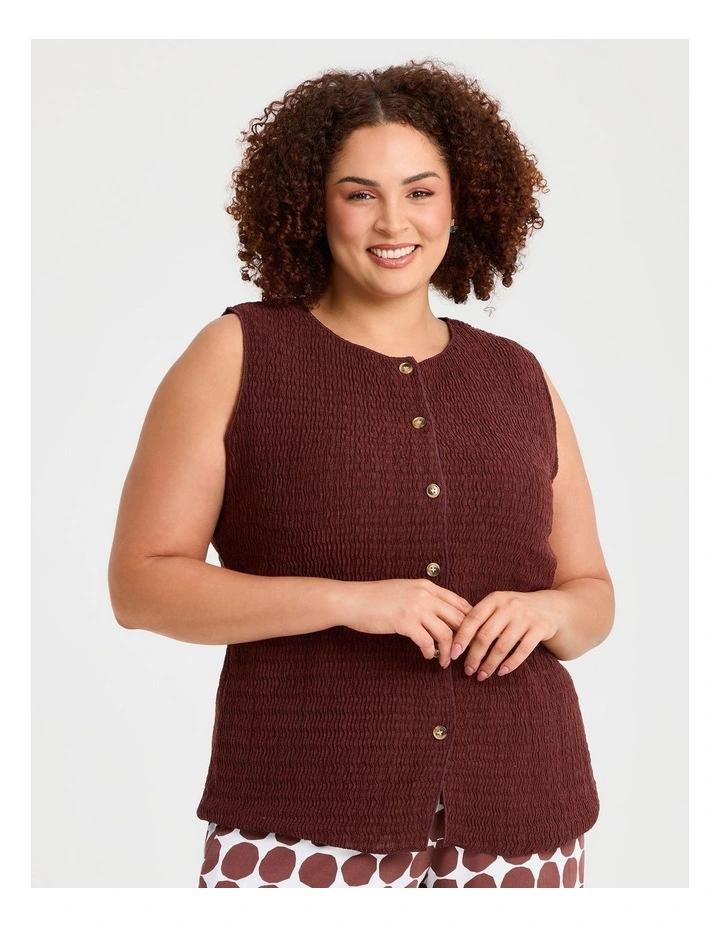 Textured Button Through Top in Dark Russet image 1