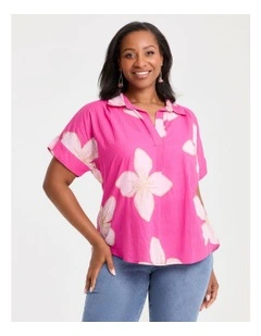 Cotton Collared Flower Top Pink Flambe
