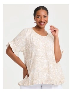 Natural Frilled Hem Top in Sesame/white