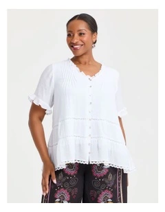 Natural Lace Trim Button Top in White