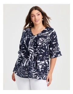 Cotton Palm Leaf Pintuck Top in Navy/White