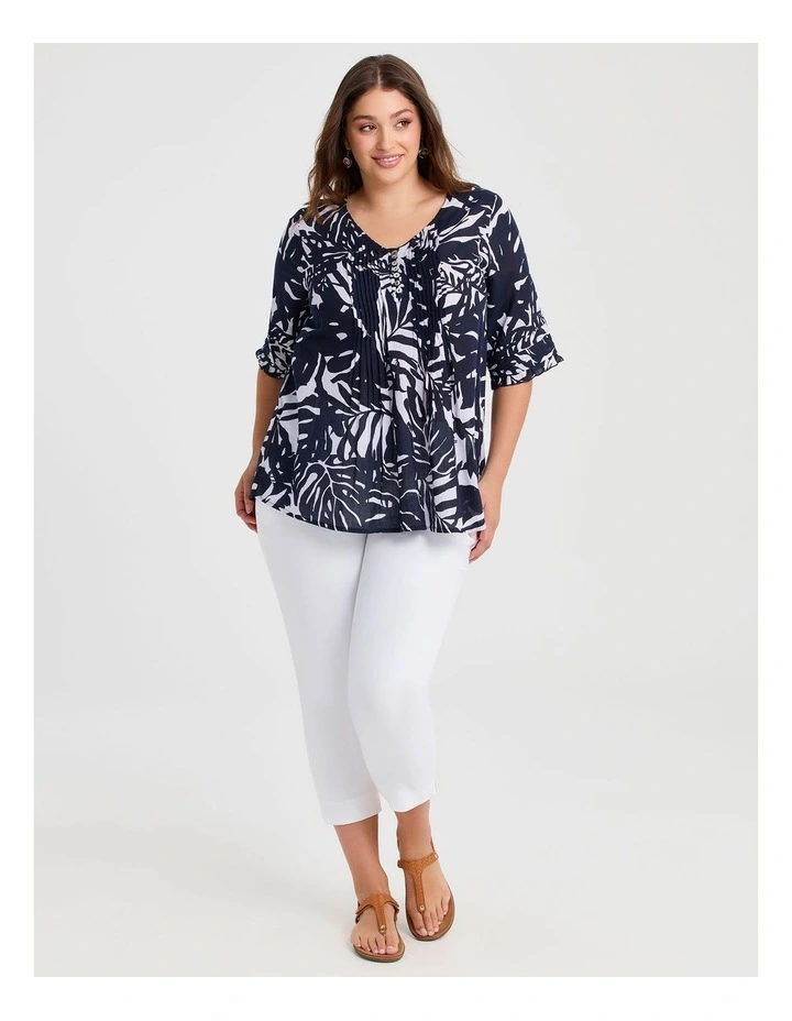 Cotton Palm Leaf Pintuck Top in Navy/White image 3