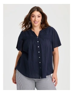 Cotton Pintuck Yoke Top in Navy