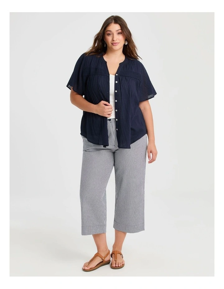 Cotton Pintuck Yoke Top in Navy image 2