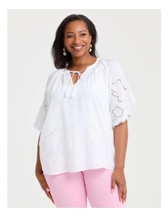 Natural Cutout Embroidery Top White