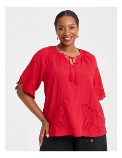 Natural Cutout Embroidery Top in Flame Red
