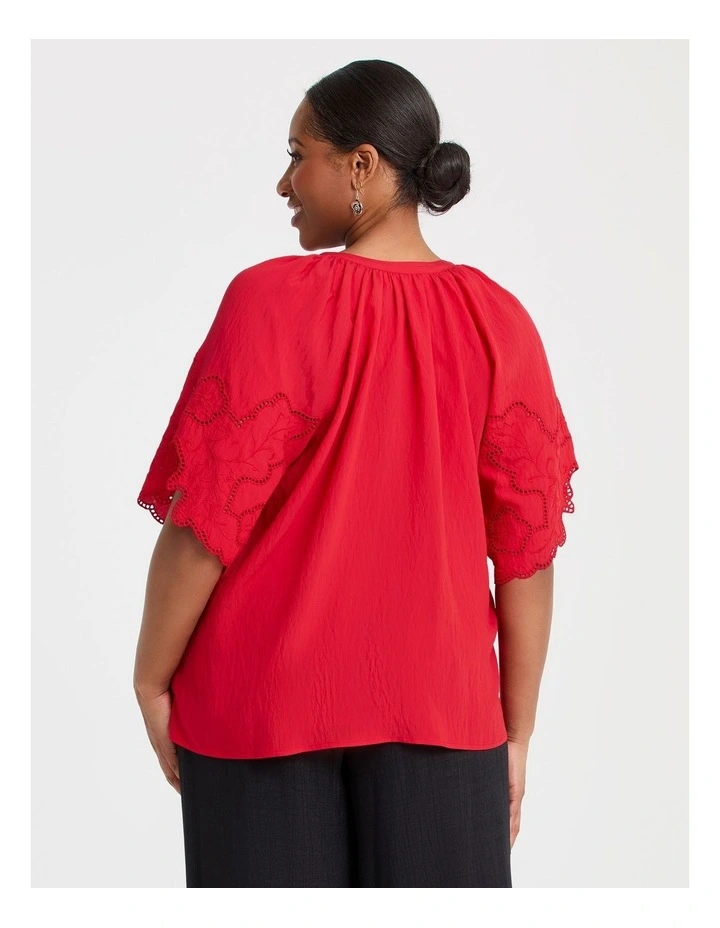 Natural Cutout Embroidery Top in Flame Red image 2