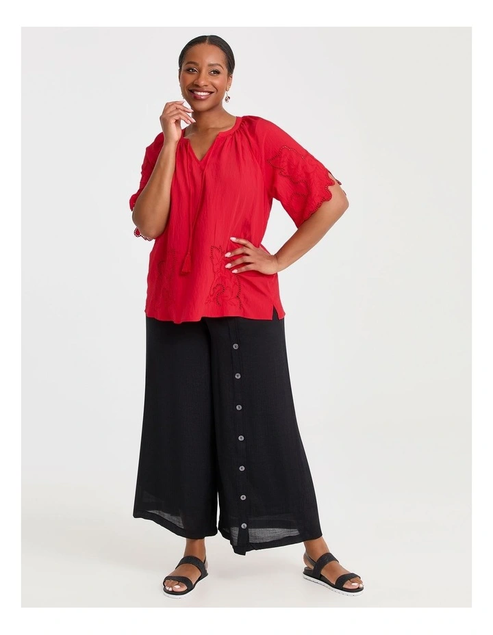 Natural Cutout Embroidery Top in Flame Red image 3