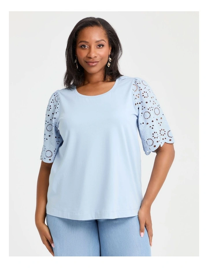 Cotton Broderie Sleeve T-shirt Sky Blue image 1