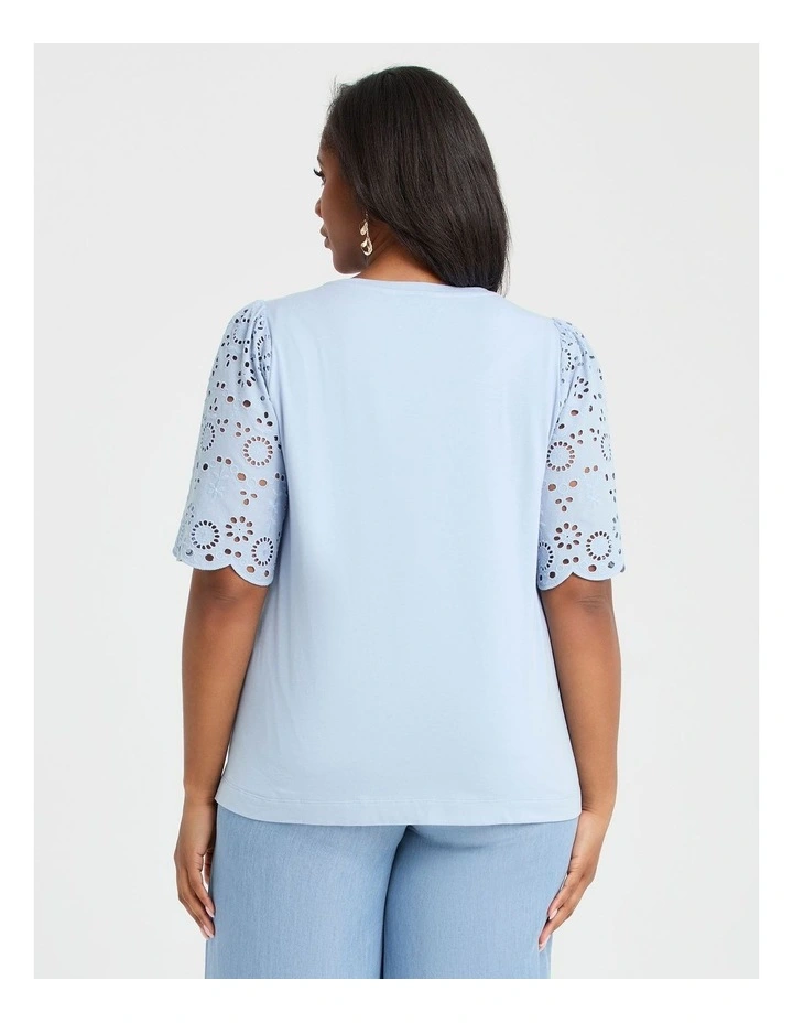 Cotton Broderie Sleeve T-shirt Sky Blue image 2