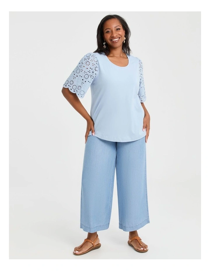 Cotton Broderie Sleeve T-shirt Sky Blue image 3